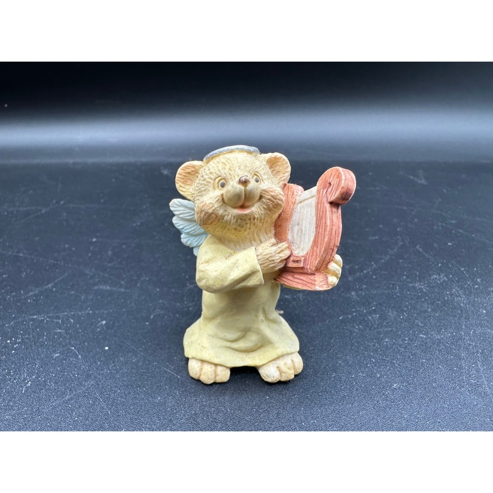 Vintage Angel Teddy Babies Bear Figurine with Harp Resin Angelic Miniature